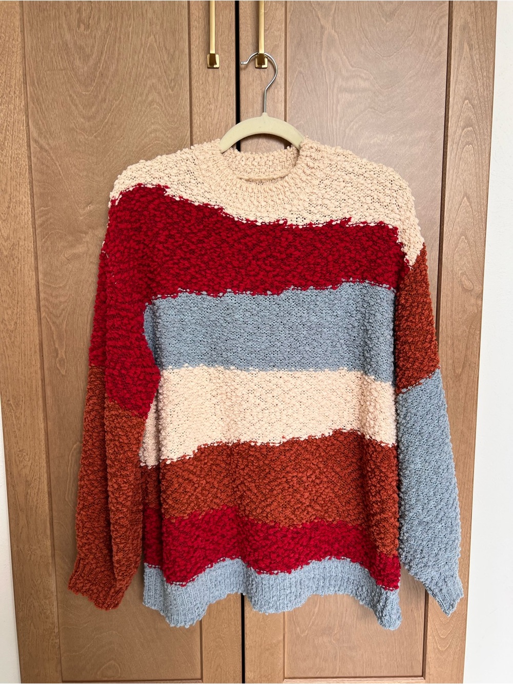 Cozy Colorblock Popcorn Knit Sweater - Cream, Red, Rust & Blue